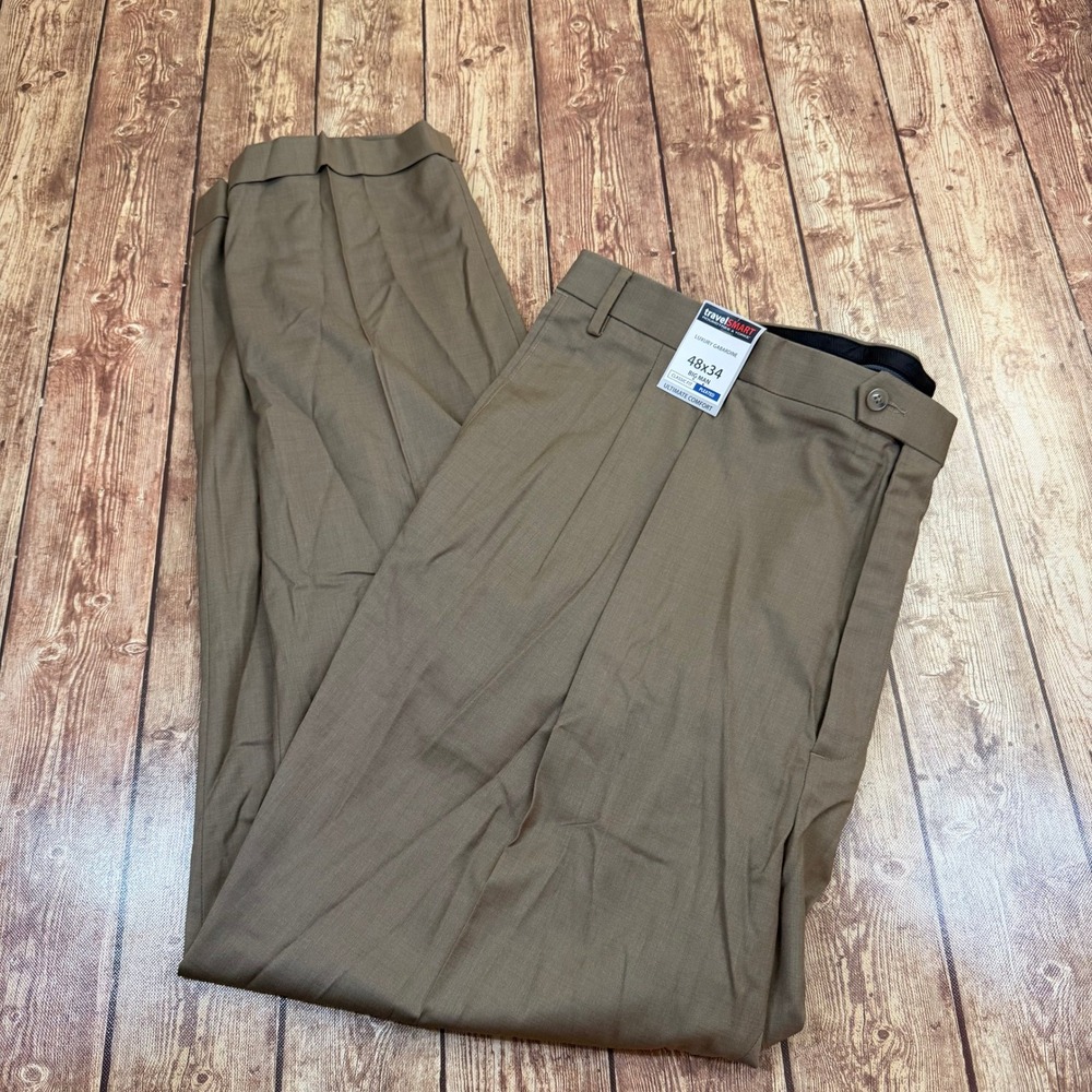 Roundtree & Yorke TravelSmart Dress Pants Mens 48x34 Brown Pleated Cuffed NWT